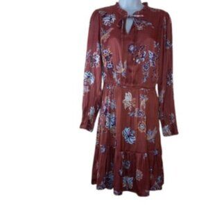 LOFT Womens Mini Blouson Dress Brown Combo Floral Tie Neck Ruffled Satin M